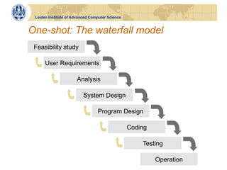 Leiden Institute of Advanced Computer Science


One-shot: The waterfall model
 Feasibility study

      User Requirements

                      Analysis

                          System Design

                                 Program Design

                                                 Coding

                                                     Testing

                                                          Operation
 