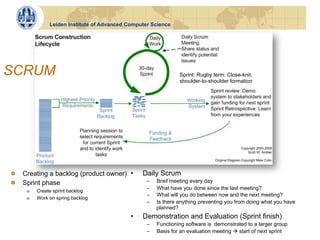 Leiden Institute of Advanced Computer Science




SCRUM                                                            Sprint: Rugby term: Close-knit,
                                                                 shoulder-to-shoulder formation




!   Creating a backlog (product owner) •          Daily Scrum
!   Sprint phase                                   –    Brief meeting every day
     !    Create sprint backlog
                                                   –    What have you done since the last meeting?
                                                   –    What will you do between now and the next meeting?
     !    Work on spring backlog
                                                   –    Is there anything preventing you from doing what you have
                                                        planned?
                                             •    Demonstration and Evaluation (Sprint finish)
                                                   –    Functioning software is demonstrated to a larger group
                                                   –    Basis for an evaluation meeting à start of next sprint
 