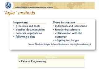 Leiden Institute of Advanced Computer Science


Agile methods




                                        Examples
        •  Extreme Programming
 