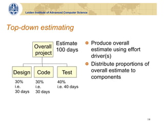 Leiden Institute of Advanced Computer Science




Top-down estimating

                     Estimate                     !   Produce overall
             Overall
                     100 days                         estimate using effort
             project
                                                      driver(s)
                                                  !   Distribute proportions of
  Design       Code              Test                 overall estimate to
                                                      components
  30%         30%             40%
  i.e.        i.e.            i.e. 40 days
  30 days     30 days




                                                                              14
 