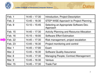 Leiden Institute of Advanced Computer Science                           Dates

Feb. 1               14:45 – 17:30           Introduction, Project Description
Feb. 2               13:45 – 16:30           STEP WISE Approach to Project Planning
Feb. 9               13:10 – 15:45           Selecting an Appropriate Software Dev.
                                             Approach
Feb. 15              14:45 – 17:30           Activity Planning and Resource Allocation
Feb. 16              15:15 – 18:00           Software Effort Estimation
Feb. 22              14:45 – 17:30           Risk management, project escalation
Feb. 23              13:45 – 16:30           Project monitoring and control
Mar. 1               14:45 – 17:00           Exam
Mar. 2               13:45 – 16:30           Software Quality Assurance
Mar. 8               14:45 – 17:30           Managing People; Contract Management
Mar. 9               13:45 – 16:30           Various
Mar. 15              14:45 – 17:30           Trade Fair


                                                                                      2
 