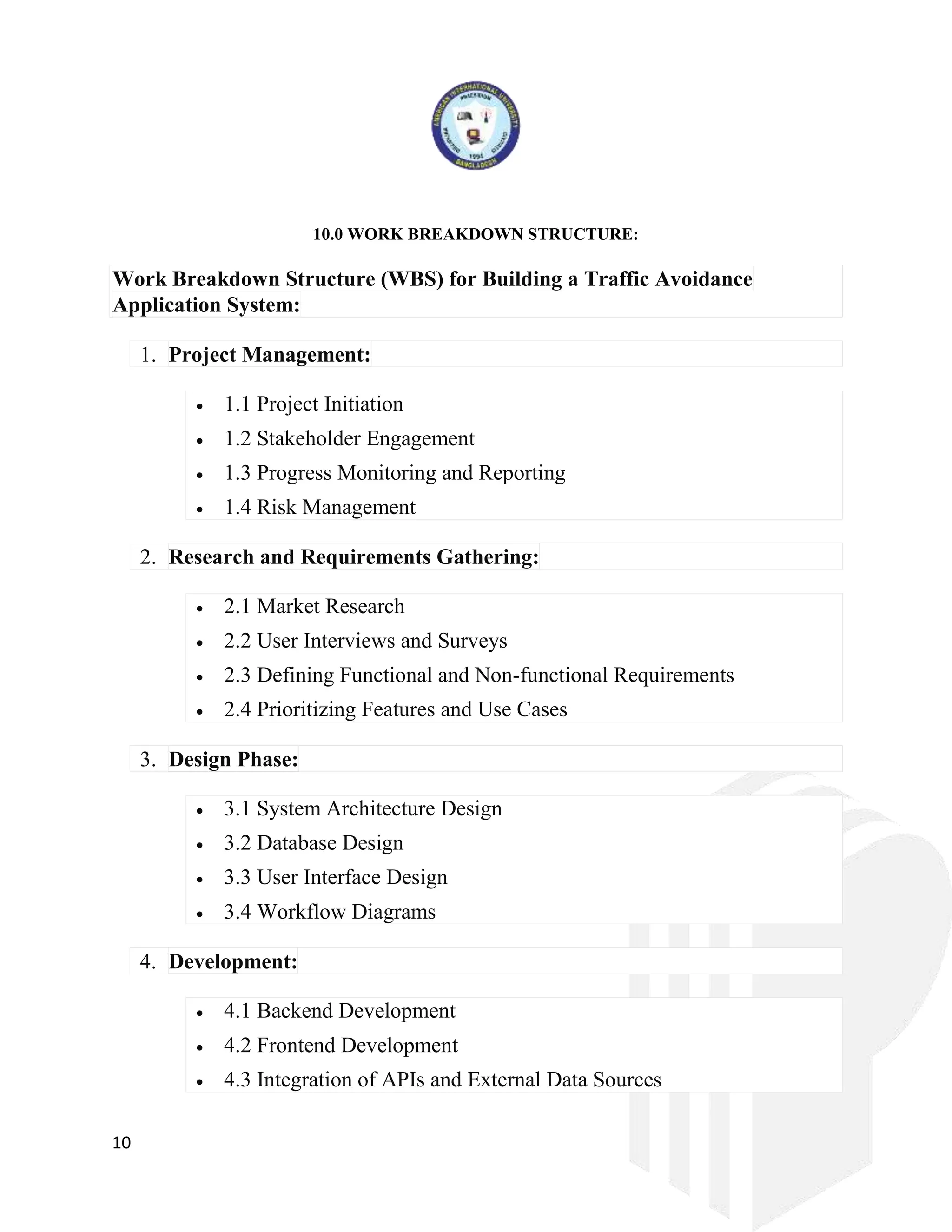 10
10.0 WORK BREAKDOWN STRUCTURE:
Work Breakdown Structure (WBS) for Building a Traffic Avoidance
Application System:
1. Project Management:
 1.1 Project Initiation
 1.2 Stakeholder Engagement
 1.3 Progress Monitoring and Reporting
 1.4 Risk Management
2. Research and Requirements Gathering:
 2.1 Market Research
 2.2 User Interviews and Surveys
 2.3 Defining Functional and Non-functional Requirements
 2.4 Prioritizing Features and Use Cases
3. Design Phase:
 3.1 System Architecture Design
 3.2 Database Design
 3.3 User Interface Design
 3.4 Workflow Diagrams
4. Development:
 4.1 Backend Development
 4.2 Frontend Development
 4.3 Integration of APIs and External Data Sources
 