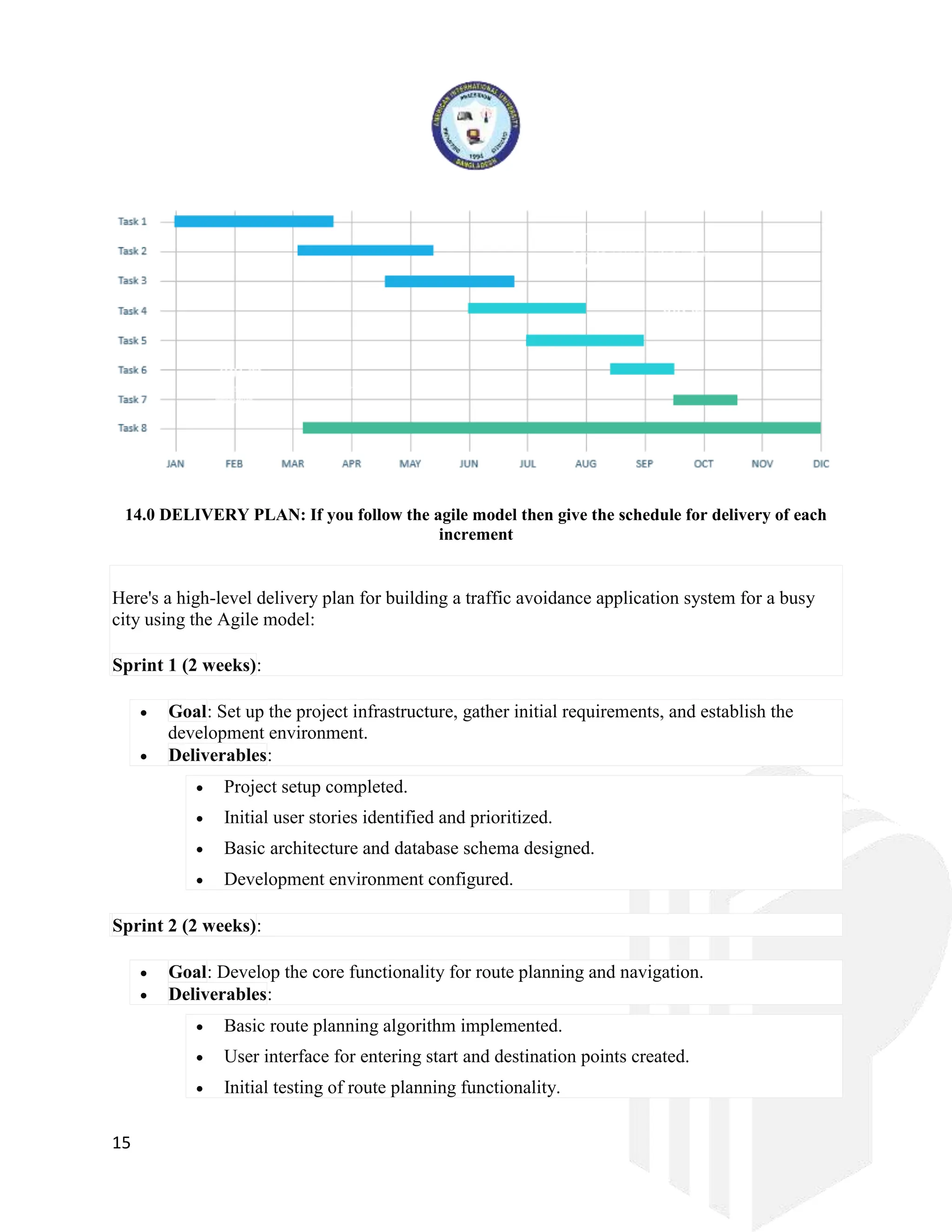 15
14.0 DELIVERY PLAN: If you follow the agile model then give the schedule for delivery of each
increment
Here's a high-level delivery plan for building a traffic avoidance application system for a busy
city using the Agile model:
Sprint 1 (2 weeks):
 Goal: Set up the project infrastructure, gather initial requirements, and establish the
development environment.
 Deliverables:
 Project setup completed.
 Initial user stories identified and prioritized.
 Basic architecture and database schema designed.
 Development environment configured.
Sprint 2 (2 weeks):
 Goal: Develop the core functionality for route planning and navigation.
 Deliverables:
 Basic route planning algorithm implemented.
 User interface for entering start and destination points created.
 Initial testing of route planning functionality.
 