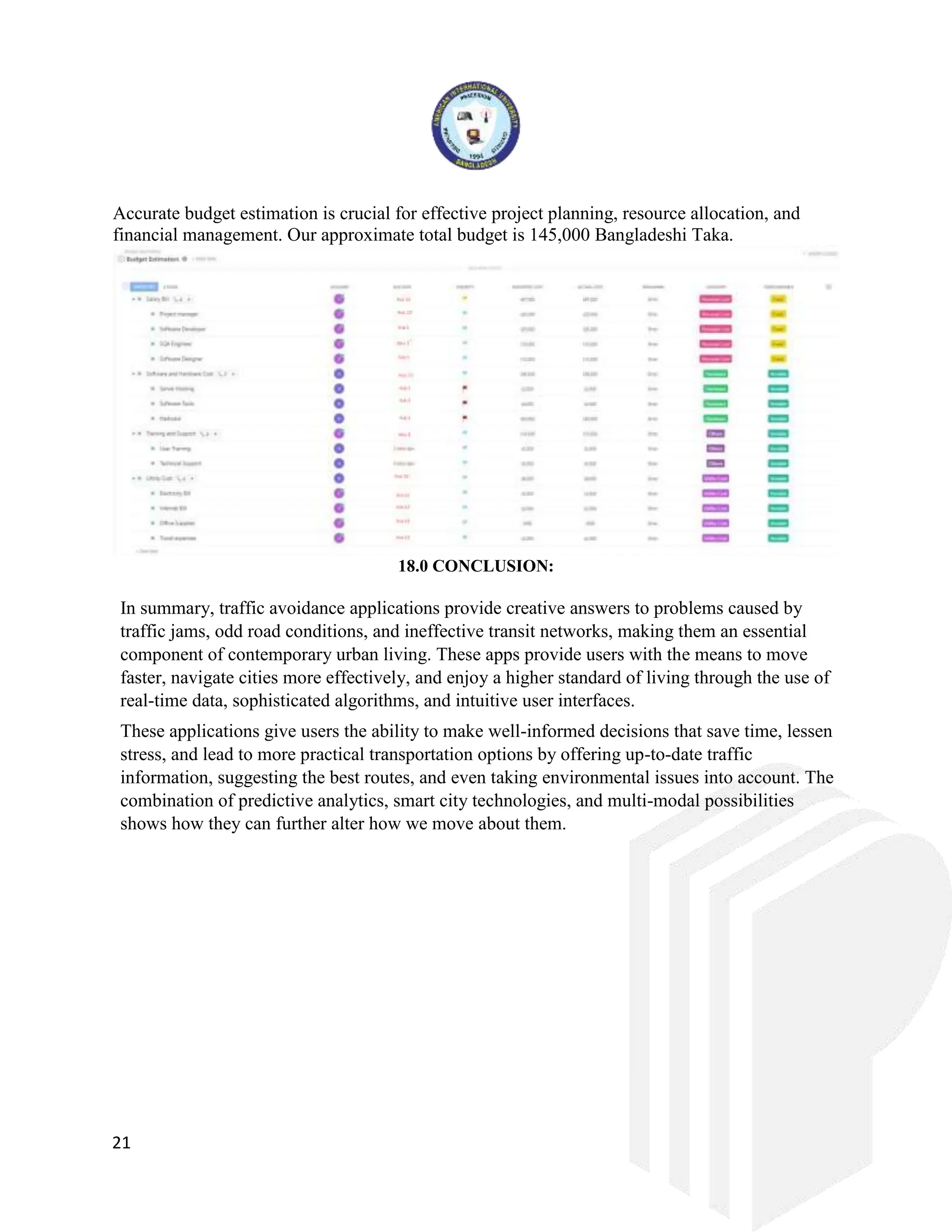 21
Accurate budget estimation is crucial for effective project planning, resource allocation, and
financial management. Our approximate total budget is 145,000 Bangladeshi Taka.
18.0 CONCLUSION:
In summary, traffic avoidance applications provide creative answers to problems caused by
traffic jams, odd road conditions, and ineffective transit networks, making them an essential
component of contemporary urban living. These apps provide users with the means to move
faster, navigate cities more effectively, and enjoy a higher standard of living through the use of
real-time data, sophisticated algorithms, and intuitive user interfaces.
These applications give users the ability to make well-informed decisions that save time, lessen
stress, and lead to more practical transportation options by offering up-to-date traffic
information, suggesting the best routes, and even taking environmental issues into account. The
combination of predictive analytics, smart city technologies, and multi-modal possibilities
shows how they can further alter how we move about them.
 