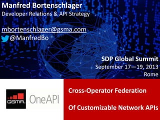 Cross-Operator Federation
Of Customizable Network APIs
Manfred Bortenschlager
Developer Relations & API Strategy
mbortenschlager@gsma.com
@ManfredBo
SDP Global Summit
September 17—19, 2013
Rome
 