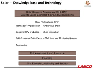 Solar – Knowledge base and Technology
Grid Extension, Availability and Stability
Solar Photovoltaics (SPV)
Technology PV production – whole value chain
Equipment PV production – whole value chain
Grid Connected Solar Farms – EPC, Inverters, Monitoring Systems
Engineering
Risk Assessment and Insurance
Solar Resource Assessment (GHI, DNI) :
Satellite Based Estimates & Ground Measurements
Financing
 