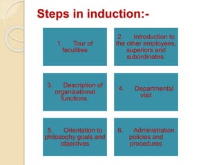 Steps in induction:-
1. Tour of
faculities
2. Introduction to
the other employees,
superiors and
subordinates.
3. Description of
organizational
functions.
4. Departmental
visit
5. Orientation to
philosophy goals and
objectives
6. Administration
policies and
procedures
 