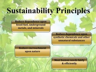 Five related aspects to the
concept of sustainability
• Economic sustainability
• Social sustainability
• Cultural sustain...