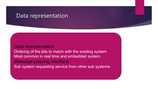 Data representation
 Data representation
 Ordering of the bits to match with the existing system
 Most common in real time and embedded system.
 Message passing interface
 Sub system requesting service from other sub systems
Data representation
Ordering of the bits to match with the existing system
Most common in real time and embedded system.
Message passing interface
Sub system requesting service from other sub systems
 