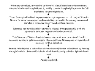 When any chemical , mechanical or electrical stimuli stimulates cell membrane,
enzyme Membrane Phospholipase A2 readily convert Phospholipids present in Cell
membrane into Prostaglandins.
These Prostaglandins binds to prostanoid receptors present on cell body of 1st
order
Neuron (sensory Neuron).Action Potential is generated in the sensory neuron and
impulse is conducted to nerve ending through axon.
Substance P(Neurotransmittor of pain)is released from presynaptic cleft into
synapse in response to generated action potential.
This Substance P further binds to Noceceptors which are present on 2nd
order
neuron in substantia gelatinosa region of pain pathway. Noceceptors are specialized
receptors for Pain sensation.
Further Pain impulse is transmitted to somatosensory cortex in cerebrum by passing
through Medulla , Pons and Midbrain which is collectively called as Spinothalamic
tract.
Pain is sensitized.
 