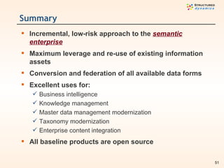 Summary <ul><li>Incremental, low-risk approach to the  semantic enterprise </li></ul><ul><li>Maximum leverage and re-use o...