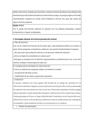 pelota, entre otros). Guiados por el profesor, realizan una lluvia de ideas en que destacan los
elementosquemás les llamanla atenciónsobreel tema.Luego, en parejas,eligenun formato
(dramatización, maqueta con arcilla, Diario Palabrario, informe, etc.) para dar cuenta de
alguno de estos aspectos.
Sesión: 4-5-6
Con la ayuda del docente, elaboran un glosario con las palabras subrayadas, cuadros
comparativos y mapas conceptuales.
5. Estrategias después de la lectura/producción textual.
a. Plan de escritura.
Una vez se realicen las lecturas de los textos ejes, cada estudiante elabora sus escritos a
partir de las preguntas orientadoras y elaboran una opinión fundamentada al respecto:
¿Por qué creen que la elección del rey no se hacía por medio de votación?
¿Cómo se eligen los presidentes en nuestro país?
Averiguan y comparan con la elección, argumentando su preferencia por uno o por otro
sistema, ventajas o desventajas de cada uno.
b. Consigna para la estrategia de intercorrección.
En tríos se analizan las respuestas dadas y se tendrán en cuenta:
- Comprensión del texto escrito.
- Credibilidad de las ideas y argumentos expuestos.
c. Evaluación
En grupos, elaboran una ficha gigante (del tamaño de un pliego de cartulina) con la
información obtenida, imágenes y textos explicativos escritos por ellos mismos, destacando
los aspectos más importantes de cada una de las civilizaciones estudiadas. Pueden agregar
algunos ejemplos visuales explicados de lugares o edificaciones de la ciudad maya y azteca.
Cada grupopega su ficha en un lugarvisibledel salón. Finalmente,con el conjuntodel curso,
reflexionan en torno a las semejanzas y diferencias entre la ciudad azteca y las ciudades de
la actualidad. Cada estudiante escribe sus conclusiones en su cuaderno.
c. Niveles de desempeño.
 
