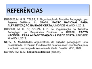 DUBEUX, M. H. S.; TELES, R. Organização do Trabalho Pedagógico por
Projetos Didáticos. In: BRASIL, PACTO NACIONAL PARA
ALFABETIZAÇÃO NA IDADE CERTA, UNIDADE 6, ANO 1, 2012.
DUBEUX, M. H. S.; SOUZA, I. P. de. Organização do Trabalho
Pedagógico por Sequências Didáticas. In: BRASIL, PACTO
NACIONAL PARA ALFABETIZAÇÃO NA IDADE CERTA, UNIDADE
6, ANO 1, 2012.
NERY, A. Modalidades organizativas do trabalho pedagógico: uma
possibilidade. In: Ensino Fundamental de nove anos: orientações para
a inclusão da criança de seis anos de idade. Brasília: MEC, 2007.
SCHWARTZ, C. M. Sequência didática (mimeo).
REFERÊNCIASREFERÊNCIAS
 