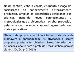 Nesse sentido, cabe à escola, enquanto espaço de
socialização do conhecimento historicamente
produzido, ampliar as experiências cotidianas das
crianças, trazendo novos conhecimentos e
metodologias que problematizam o saber produzido
pelas crianças, levando à aprendizagens cada vez
mais significativas.
“Nem toda proposta ou intenção em sala de aula
promovem a aprendizagem. As atividades a serem
propostas precisam ter objetivos claros, intenções bem
delineadas ,não só para o professor, mas também para os
alunos (SOUZA, p. 7, 2013).
“Nem toda proposta ou intenção em sala de aula
promovem a aprendizagem. As atividades a serem
propostas precisam ter objetivos claros, intenções bem
delineadas ,não só para o professor, mas também para os
alunos (SOUZA, p. 7, 2013).
 
