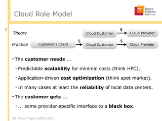 Dr. Peter Tröger | SDPS 2012
Cloud Role Model
-The customer needs ...
-Predictable scalability for minimal costs (think HPC).
-Application-driven cost optimization (think spot market).
-In many cases at least the reliability of local data centers.
-The customer gets ...
-... some provider-specific interface to a black box.
3 $
Cloud ProviderCloud Customer
$
Cloud ProviderCustomer‘s Client Cloud CustomerPractice
Theory
$
 