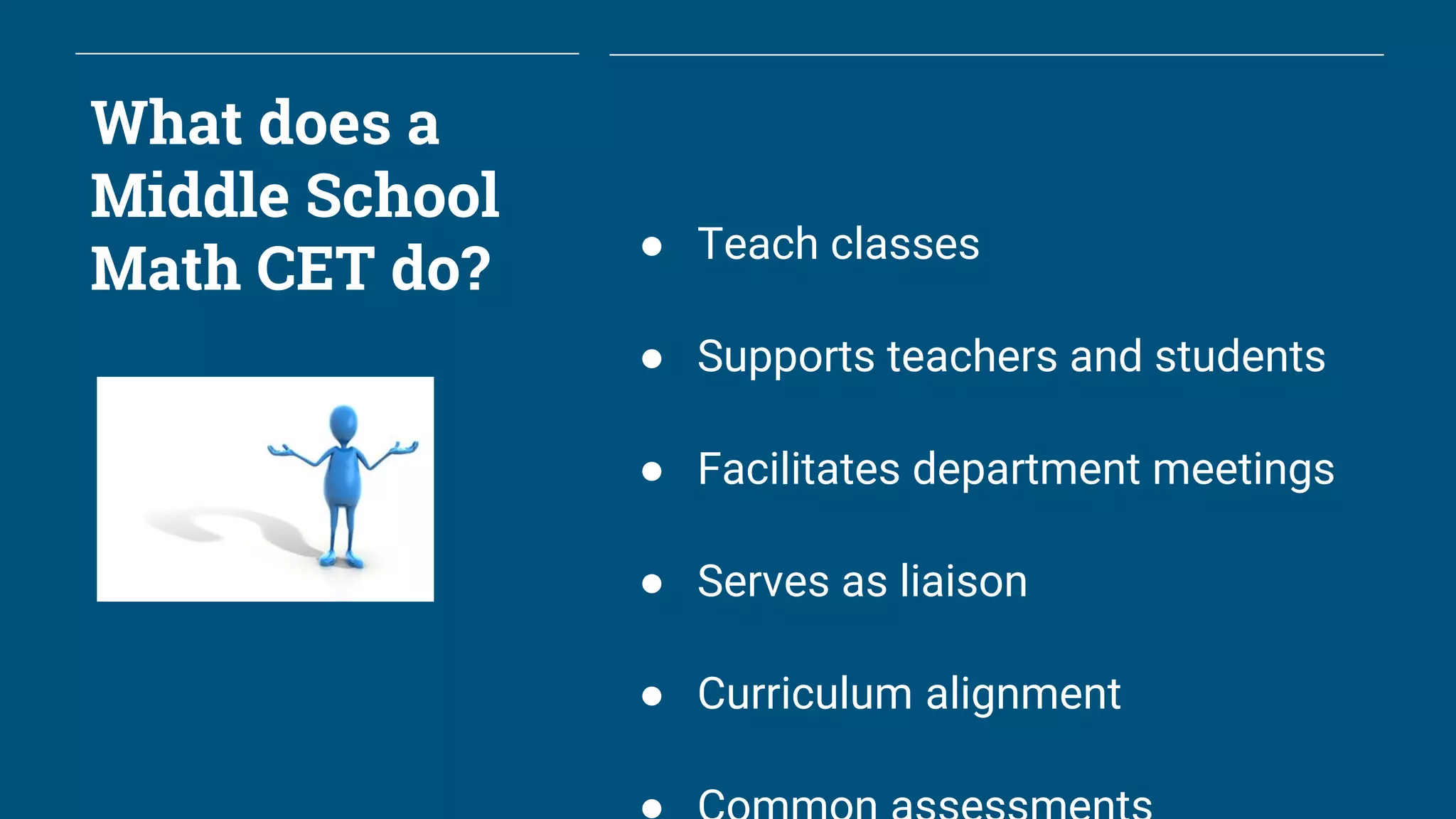What does a
Middle School
Math CET do?
● Teach classes
● Supports teachers and students
● Facilitates department meetings
● Serves as liaison
● Curriculum alignment
 