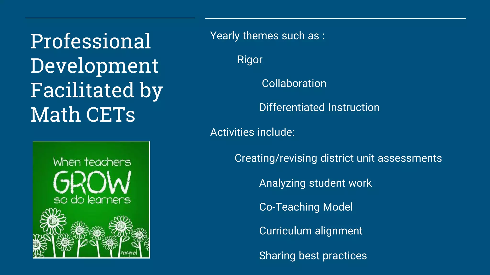 Professional
Development
Facilitated by
Math CETs
Yearly themes such as :
Rigor
Collaboration
Differentiated Instruction
Activities include:
Creating/revising district unit assessments
Analyzing student work
Co-Teaching Model
Curriculum alignment
Sharing best practices
 