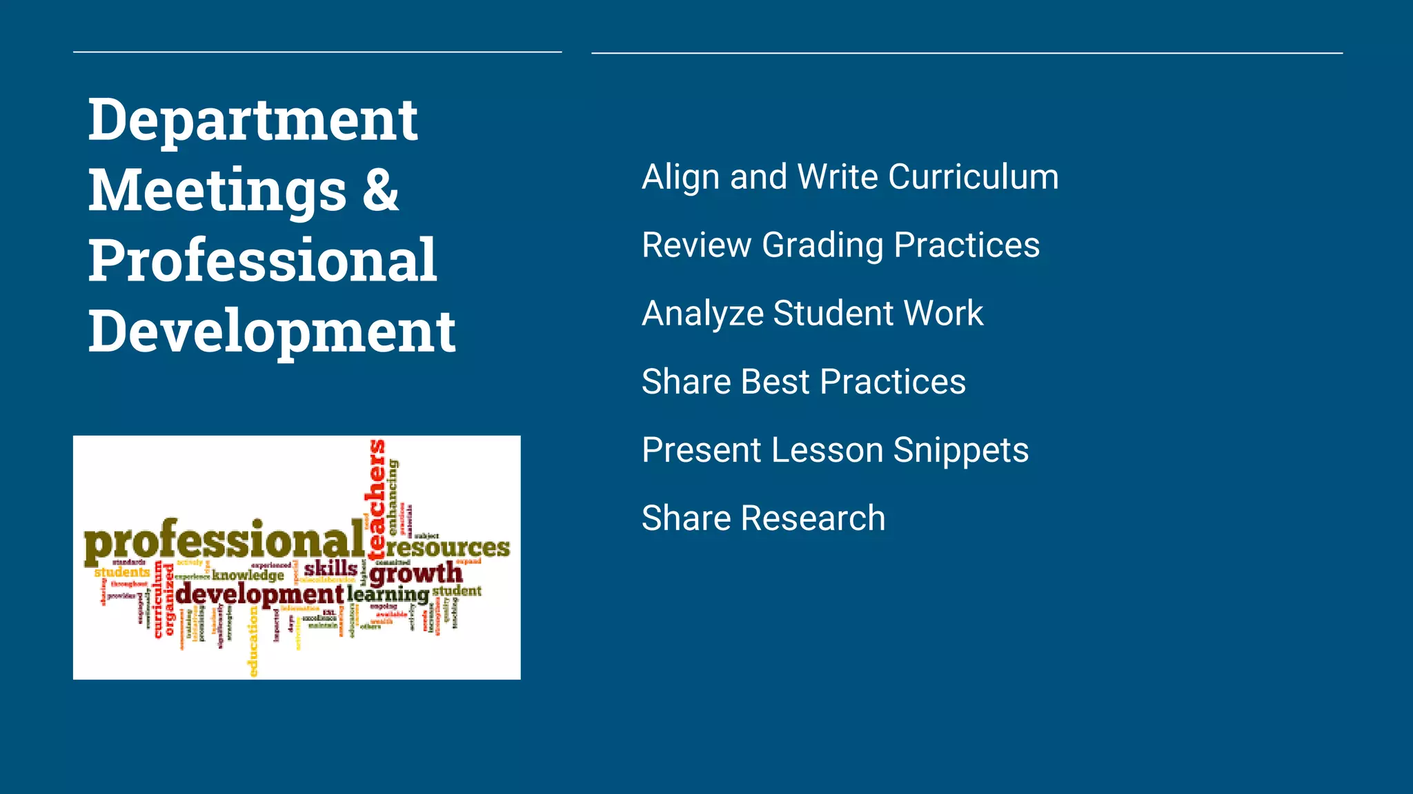 Department
Meetings &
Professional
Development
Align and Write Curriculum
Review Grading Practices
Analyze Student Work
Share Best Practices
Present Lesson Snippets
Share Research
 