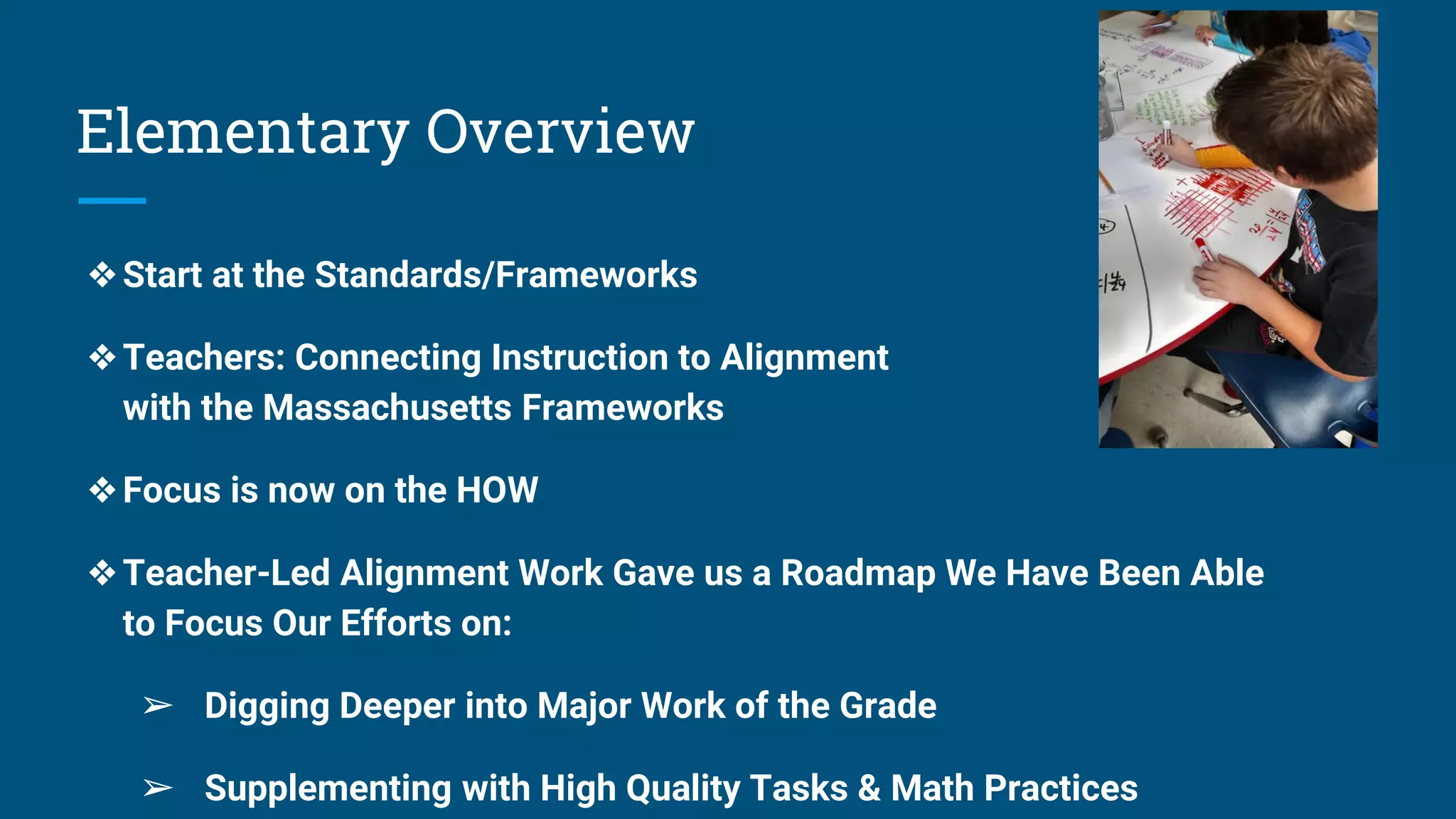 Elementary Overview
❖Start at the Standards/Frameworks
❖Teachers: Connecting Instruction to Alignment
with the Massachusetts Frameworks
❖Focus is now on the HOW
❖Teacher-Led Alignment Work Gave us a Roadmap We Have Been Able
to Focus Our Efforts on:
➢ Digging Deeper into Major Work of the Grade
➢ Supplementing with High Quality Tasks & Math Practices
 