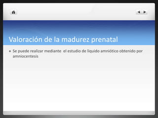 Valoración de la madurez prenatal
   Se puede realizar mediante el estudio de liquido amniótico obtenido por
    amniocentesis
 