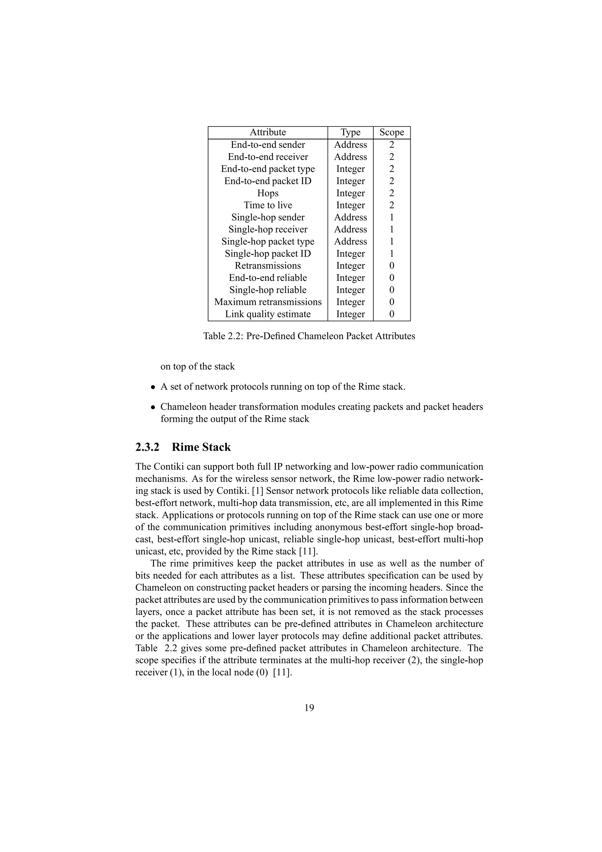 Attribute              Type       Scope
                       End-to-end sender          Address       2
                       End-to-end receiver        Address       2
                     End-to-end packet type       Integer       2
                      End-to-end packet ID        Integer       2
                              Hops                Integer       2
                           Time to live           Integer       2
                        Single-hop sender         Address       1
                       Single-hop receiver        Address       1
                     Single-hop packet type       Address       1
                      Single-hop packet ID        Integer       1
                         Retransmissions          Integer       0
                       End-to-end reliable        Integer       0
                       Single-hop reliable        Integer       0
                    Maximum retransmissions       Integer       0
                      Link quality estimate       Integer       0

                 Table 2.2: Pre-Deﬁned Chameleon Packet Attributes


      on top of the stack
   • A set of network protocols running on top of the Rime stack.
   • Chameleon header transformation modules creating packets and packet headers
     forming the output of the Rime stack

2.3.2 Rime Stack
The Contiki can support both full IP networking and low-power radio communication
mechanisms. As for the wireless sensor network, the Rime low-power radio network-
ing stack is used by Contiki. [1] Sensor network protocols like reliable data collection,
best-effort network, multi-hop data transmission, etc, are all implemented in this Rime
stack. Applications or protocols running on top of the Rime stack can use one or more
of the communication primitives including anonymous best-effort single-hop broad-
cast, best-effort single-hop unicast, reliable single-hop unicast, best-effort multi-hop
unicast, etc, provided by the Rime stack [11].
    The rime primitives keep the packet attributes in use as well as the number of
bits needed for each attributes as a list. These attributes speciﬁcation can be used by
Chameleon on constructing packet headers or parsing the incoming headers. Since the
packet attributes are used by the communication primitives to pass information between
layers, once a packet attribute has been set, it is not removed as the stack processes
the packet. These attributes can be pre-deﬁned attributes in Chameleon architecture
or the applications and lower layer protocols may deﬁne additional packet attributes.
Table 2.2 gives some pre-deﬁned packet attributes in Chameleon architecture. The
scope speciﬁes if the attribute terminates at the multi-hop receiver (2), the single-hop
receiver (1), in the local node (0) [11].


                                           19
 