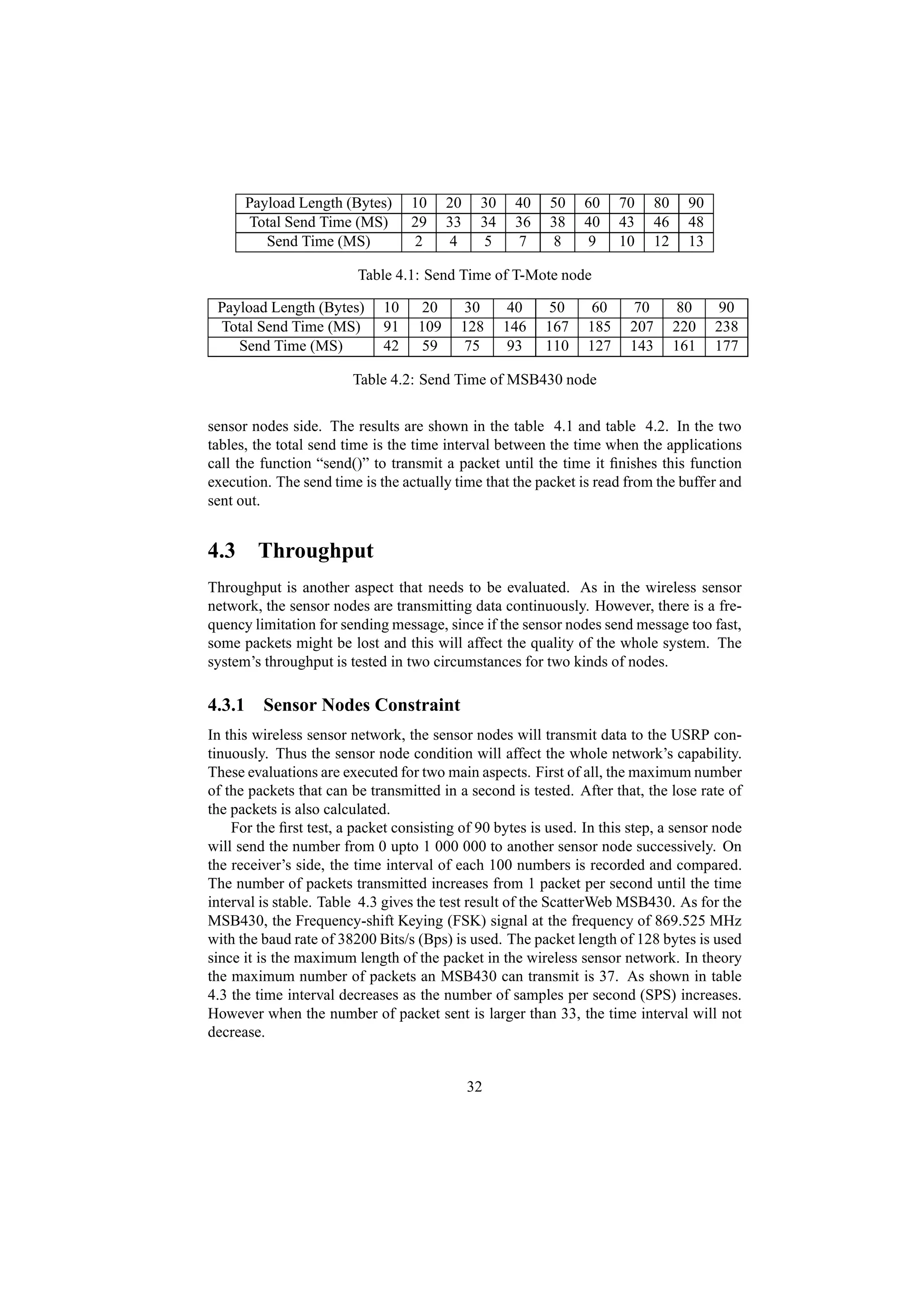 Payload Length (Bytes)      10     20    30    40   50    60    70     80     90
      Total Send Time (MS)        29     33    34    36   38    40    43     46     48
         Send Time (MS)           2      4     5     7    8     9     10     12     13

                         Table 4.1: Send Time of T-Mote node

 Payload Length (Bytes)      10     20     30        40   50     60    70         80     90
 Total Send Time (MS)        91    109     128      146   167   185    207        220    238
    Send Time (MS)           42     59     75        93   110   127    143        161    177

                        Table 4.2: Send Time of MSB430 node


sensor nodes side. The results are shown in the table 4.1 and table 4.2. In the two
tables, the total send time is the time interval between the time when the applications
call the function “send()” to transmit a packet until the time it ﬁnishes this function
execution. The send time is the actually time that the packet is read from the buffer and
sent out.


4.3 Throughput
Throughput is another aspect that needs to be evaluated. As in the wireless sensor
network, the sensor nodes are transmitting data continuously. However, there is a fre-
quency limitation for sending message, since if the sensor nodes send message too fast,
some packets might be lost and this will affect the quality of the whole system. The
system’s throughput is tested in two circumstances for two kinds of nodes.

4.3.1 Sensor Nodes Constraint
In this wireless sensor network, the sensor nodes will transmit data to the USRP con-
tinuously. Thus the sensor node condition will affect the whole network’s capability.
These evaluations are executed for two main aspects. First of all, the maximum number
of the packets that can be transmitted in a second is tested. After that, the lose rate of
the packets is also calculated.
    For the ﬁrst test, a packet consisting of 90 bytes is used. In this step, a sensor node
will send the number from 0 upto 1 000 000 to another sensor node successively. On
the receiver’s side, the time interval of each 100 numbers is recorded and compared.
The number of packets transmitted increases from 1 packet per second until the time
interval is stable. Table 4.3 gives the test result of the ScatterWeb MSB430. As for the
MSB430, the Frequency-shift Keying (FSK) signal at the frequency of 869.525 MHz
with the baud rate of 38200 Bits/s (Bps) is used. The packet length of 128 bytes is used
since it is the maximum length of the packet in the wireless sensor network. In theory
the maximum number of packets an MSB430 can transmit is 37. As shown in table
4.3 the time interval decreases as the number of samples per second (SPS) increases.
However when the number of packet sent is larger than 33, the time interval will not
decrease.


                                              32
 