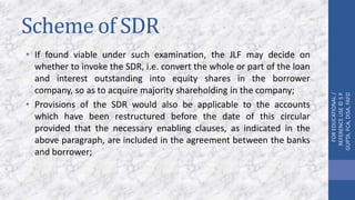 Scheme of SDR
• If found viable under such examination, the JLF may decide on
whether to invoke the SDR, i.e. convert the whole or part of the loan
and interest outstanding into equity shares in the borrower
company, so as to acquire majority shareholding in the company;
• Provisions of the SDR would also be applicable to the accounts
which have been restructured before the date of this circular
provided that the necessary enabling clauses, as indicated in the
above paragraph, are included in the agreement between the banks
and borrower;
FOREDUCATIONAL/
REFERENCEUSE©SP
GUPTA,FCA,DISA,FAFD
 