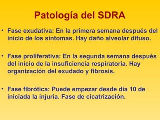 Patología del SDRA Fase exudativa: En la primera semana después del inicio de los síntomas. Hay daño alveolar difuso. Fase proliferativa: En la segunda semana después del inicio de la insuficiencia respiratoria. Hay organización del exudado y fibrosis. Fase fibrótica: Puede empezar desde día 10 de iniciada la injuria. Fase de cicatrización.  