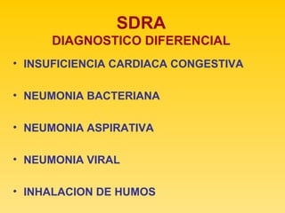 SDRA DIAGNOSTICO DIFERENCIAL INSUFICIENCIA CARDIACA CONGESTIVA NEUMONIA BACTERIANA NEUMONIA ASPIRATIVA NEUMONIA VIRAL INHALACION DE HUMOS 