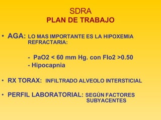 SDRA PLAN DE TRABAJO AGA:  LO MAS IMPORTANTE ES LA HIPOXEMIA     REFRACTARIA:  -  PaO2 < 60 mm Hg. con FIo2 >0.50 - Hipocapnia RX TORAX:  INFILTRADO ALVEOLO INTERSTICIAL  PERFIL LABORATORIAL:  SEGÚN FACTORES    SUBYACENTES 