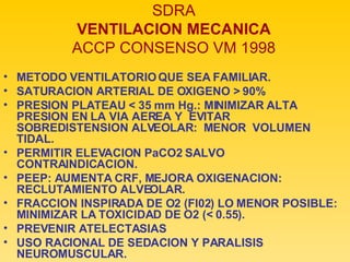 SDRA VENTILACION MECANICA ACCP CONSENSO VM 1998 METODO VENTILATORIO QUE SEA FAMILIAR. SATURACION ARTERIAL DE OXIGENO > 90% PRESION PLATEAU < 35 mm Hg.: MINIMIZAR ALTA PRESION EN LA VIA AEREA Y  EVITAR  SOBREDISTENSION ALVEOLAR:  MENOR  VOLUMEN  TIDAL. PERMITIR ELEVACION PaCO2 SALVO CONTRAINDICACION. PEEP: AUMENTA CRF, MEJORA OXIGENACION: RECLUTAMIENTO ALVEOLAR. FRACCION INSPIRADA DE O2 (FI02) LO MENOR POSIBLE: MINIMIZAR LA TOXICIDAD DE O2 (< 0.55). PREVENIR ATELECTASIAS  USO RACIONAL DE SEDACION Y PARALISIS NEUROMUSCULAR. 