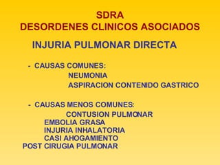 SDRA DESORDENES CLINICOS ASOCIADOS INJURIA PULMONAR DIRECTA -  CAUSAS COMUNES:  NEUMONIA ASPIRACION CONTENIDO GASTRICO    -  CAUSAS MENOS COMUNES:   CONTUSION PULMONAR      EMBOLIA GRASA    INJURIA INHALATORIA    CASI AHOGAMIENTO    POST CIRUGIA PULMONAR 