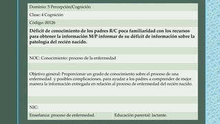 Dominio: 5 Percepción/Cognición
Clase: 4 Cognición
Código: 00126
Déficit de conocimiento de los padres R/C poca familiaridad con los recursos
para obtener la información M/P informar de su déficit de información sobre la
patología del recién nacido.
NOC: Conocimiento: proceso de la enfermedad
Objetivo general: Proporcionar un grado de conocimiento sobre el proceso de una
enfermedad y posibles complicaciones, para ayudar a los padres a comprender de mejor
manera la información entregada en relación al proceso de enfermedad del recién nacido.
NIC:
Enseñanza: proceso de enfermedad. Educación parental: lactante.
 