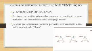 CAUSAS DA HIPOXEMIA: CIRCULAÇÃO E VENTILAÇÃO
• VENTILAÇÃO/PERFUSÃO (V/P).
• As áreas de tecido submetidas somente a ventilação - sem
perfusão - são denominadas áreas de espaço morto
• Já áreas que apresentem somente perfusão, sem ventilação estão
sob o denominado “Shunt”
 