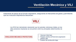 Ventilación Mecánica y VILI
tratamiento de apoyo de la función respiratoria, asegurando el intercambio de gases y permitiendo
que los músculos respiratorios descansen
VILI
Los ECA han demostrado claramente que los grandes volúmenes tidales y/o las
altas presiones impulsoras se encuentran entre los principales determinantes de
VILI
• Volumen tidal bajo
• Presión positiva al final de la espiración
(PEEP) alta
• Presión de conducción baja.
VENILACION MECANICA PROTECTORA
 