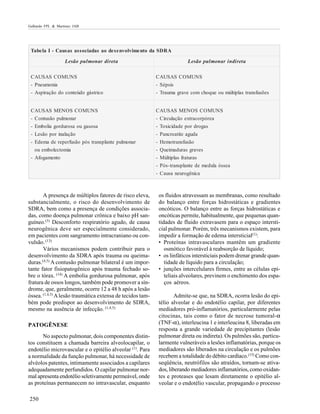 Galhardo FPL & Martinez JAB

Ta be la I - Ca us a s a s s o cia da s a o de s e nvo lvime nto da S D R A
L e s ã o p u l mo n a r d i r e t a

L e s ã o p u l mo n a r i n d i r e t a

C AUS AS C O MUN S

C AUS AS C O MUN S

- P neumo nia
- Asp iração d o co nteúd o gástrico

- S ép sis
- Trauma grave co m cho q ue o u múltip las transfusõ es

C AUS AS MEN O S C O MUN S

C AUS AS MEN O S C O MUN S

- C o ntusão p ulmo nar
- Emb o lia go rd uro sa o u gaso sa

- C irculação extraco rp ó rea
- To xicid ad e p o r d ro gas

- Lesão p o r inalação

- P ancreatite agud a

- Ed ema d e rep erfusão p ó s transp lante p ulmo nar
o u emb o lecto mia
- Afo gamento

- Hemo transfusão
- Q ueimad uras graves
- Múltip las fraturas
- P ó s- transp lante d e med ula ó ssea
- C ausa neuro gênica

A presença de múltiplos fatores de risco eleva,
substancialmente, o risco do desenvolvimento de
SDRA, bem como a presença de condições associadas, como doença pulmonar crônica e baixo pH sanguíneo.(5) Desconforto respiratório agudo, de causa
neurogênica deve ser especialmente considerado,
em pacientes com sangramento intracraniano ou convulsão. (13)
Vários mecanismos podem contribuir para o
desenvolvimento da SDRA após trauma ou queimaduras.(4,5) A contusão pulmonar bilateral é um importante fator fisiopatogênico após trauma fechado sobre o tórax. (14) A embolia gordurosa pulmonar, após
fratura de ossos longos, também pode promover a síndrome, que, geralmente, ocorre 12 a 48 h após a lesão
óssea. (1,4,5) A lesão traumática extensa de tecidos também pode predispor ao desenvolvimento de SDRA,
mesmo na ausência de infecção. (1,4,5)
PATOGÊNESE
No aspecto pulmonar, dois componentes distintos constituem a chamada barreira alveolocapilar, o
endotélio microvascular e o epitélio alveolar (1). Para
a normalidade da função pulmonar, há necessidade de
alvéolos patentes, intimamente associados a capilares
adequadamente perfundidos. O capilar pulmonar normal apresenta endotélio seletivamente permeável, onde
as proteínas permanecem no intravascular, enquanto
250

os fluidos atravessam as membranas, como resultado
do balanço entre forças hidrostáticas e gradientes
oncóticos. O balanço entre as forças hidrostáticas e
oncóticas permite, habitualmente, que pequenas quantidades de fluido extravasem para o espaço intersticial pulmonar. Porém, três mecanismos existem, para
impedir a formação de edema intersticial(1):
• Proteínas intravasculares mantêm um gradiente
osmótico favorável à reabsorção de líquido;
• os linfáticos intersticiais podem drenar grande quantidade de líquido para a circulação;
• junções intercelulares firmes, entre as células epiteliais alveolares, previnem o enchimento dos espaços aéreos.
Admite-se que, na SDRA, ocorra lesão do epitélio alveolar e do endotélio capilar, por diferentes
mediadores pró-inflamatórios, particularmente pelas
citocinas, tais como o fator de necrose tumoral-α
(TNF-α), interleucina 1 e interleucina 8, liberadas em
resposta a grande variedade de precipitantes (lesão
pulmonar direta ou indireta). Os pulmões são, particularmente vulneráveis a lesões inflamatórias, porque os
mediadores são liberados na circulação e os pulmões
recebem a totalidade do débito cardíaco.(15) Como conseqüência, neutrófilos são atraídos, tornam-se ativados, liberando mediadores inflamatórios, como oxidantes e proteases que lesam diretamente o epitélio alveolar e o endotélio vascular, propagando o processo

 