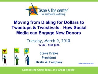 Connecting Great Ideas and Great People www.asaecenter.org Steve Drake President Drake & Company Moving from Dialing for Dollars to Tweetups & Twestivals:  How Social Media can Engage New Donors   Tuesday, March 9, 2010  12:30 - 1:45 p.m . 