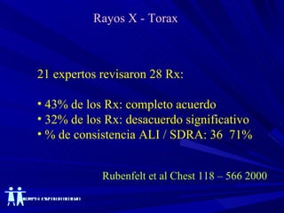 Rayos X - Torax 21 expertos revisaron 28 Rx: 43% de los Rx: completo acuerdo 32% de los Rx: desacuerdo significativo % de consistencia ALI / SDRA: 36  71% Rubenfelt et al Chest 118 – 566 2000  