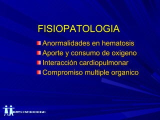 FISIOPATOLOGIA Anormalidades en hematosis Aporte y consumo de oxigeno Interacción cardiopulmonar Compromiso multiple organico 