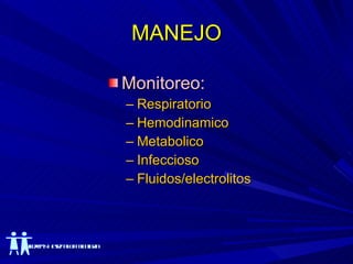 MANEJO Monitoreo: Respiratorio Hemodinamico Metabolico Infeccioso Fluidos/electrolitos 