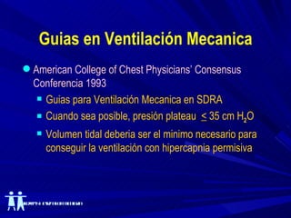 Guias en Ventilación Mecanica American College of Chest Physicians’ Consensus Conferencia 1993 Guias para Ventilación Mecanica en SDRA Cuando sea posible, presión plateau  <  35 cm H 2 O  Volumen tidal deberia ser el minimo necesario para conseguir la ventilación con hipercapnia permisiva 