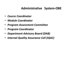 Administrative System-OBE
• Course Coordinator
• Module Coordinator
• Program Assessment Committee
• Program Coordinator
• Department Advisory Board (DAB)
• Internal Quality Assurance Cell (IQAC)
 