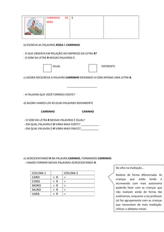CARRINHO DE
MÃO
3
b) ESCREVA AS PALAVRAS RODA E CARRINHO
- O QUE OBSERVA EM RELAÇÃO AO EMPREGO DA LETRA R?
- O SOM DA LETRA R NESSAS PALAVRAS É:
IGUAL DIFERENTE
c) AGORA REESCREVA A PALAVRA CARRINHO DEIXANDO-A COM APENAS UMA LETRA R.
____________________
- A PALAVRA QUE VOCÊ FORMOU EXISTE?
d) AGORA VAMOS LER AS DUAS PALAVRAS NOVAMENTE
CARRINHO CARINHO
- O SOM DA LETRA R NESSAS PALAVRAS É IGUAL?
- EM QUAL PALAVRA O R VIBRA MAIS FORTE? ____________
- EM QUAL PALAVRA O R VIBRA MAIS FRACO?____________
e) ACRESCENTANDO R NA PALAVRA CARINHO, FORMAMOS CARRINHO.
- VAMOS FORMAR NOVAS PALAVRAS ACRESCENTANDO R.
COLUNA 1 COLUNA 2
CARO + R =
CORO + R =
MORO + R =
MURO + R =
VARA + R =
De olho na mediação...
Realizar de forma diferenciada. As
crianças que estão lendo e
escrevendo com mais autonomia
poderão fazer com as crianças que
não realizam ainda de forma tão
autônomas, enquanto o (a) professor
(a) faz agrupamento com as crianças
que necessitam de mais mediação.
Utilizar o alfabeto móvel.
 
