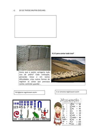 c) SE ELE TIVESSE MUITAS OVELHAS:
9.3 E para contar tudo isso?
Como que o pastor carregaria tudo
isso de pedra? Cada civilização,
pensando nessa e em outras
dificuldades, criou outras formas de
registrar as coisas que precisava
contar, controlar, guardar...
Os Egípcios registravam assim: E os romanos registravam assim
 