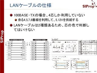 ©SIProp Project, 2006-2017 129
LANケーブルの仕様
100BASE-TXの場合、4芯しか利用していない
余る4,5,7,8番線を利用して、5,12Vを供給する
LANケーブルは2種類あるため、芯の色で判断し
てはいけない
 