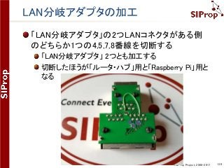 ©SIProp Project, 2006-2017 130
LAN分岐アダプタの加工
「LAN分岐アダプタ」の2つLANコネクタがある側
のどちらか1つの4,5,7,8番線を切断する
「LAN分岐アダプタ」 2つとも加工する
切断したほうが「ルータ・ハブ」用と「Raspberry Pi」用と
なる
 