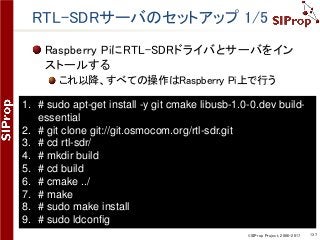 ©SIProp Project, 2006-2017 137
RTL-SDRサーバのセットアップ 1/5
Raspberry PiにRTL-SDRドライバとサーバをイン
ストールする
これ以降、すべての操作はRaspberry Pi上で行う
1. # sudo apt-get install -y git cmake libusb-1.0-0.dev build-
essential
2. # git clone git://git.osmocom.org/rtl-sdr.git
3. # cd rtl-sdr/
4. # mkdir build
5. # cd build
6. # cmake ../
7. # make
8. # sudo make install
9. # sudo ldconfig
 