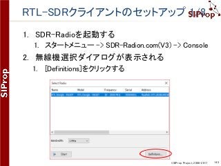 ©SIProp Project, 2006-2017 143
RTL-SDRクライアントのセットアップ 1/8
1. SDR-Radioを起動する
1. スタートメニュー -> SDR-Radion.com(V3) -> Console
2. 無線機選択ダイアログが表示される
1. [Definitions]をクリックする
 