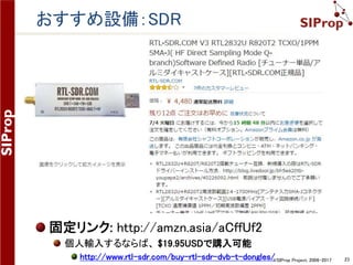 ©SIProp Project, 2006-2017 23
改善点
SDR -> 冷やす(周波数ずれ対応)
冷却ファンの搭載
http://amzn.asia/9usGv4A
SDR -> 高品質なものに変更する
RTL-SDR
http://www.rtl-sdr.com/buy-rtl-sdr-dvb-t-dongles/
LimeSDR
https://www.crowdsupply.com/lime-micro/limesdr
SDR -> 激安中華製ハンディー機に変更する
http://amzn.asia/3A7aEIb
http://amzn.asia/aUj9gEk
SDR-RadioにOmniRigをインストールすることで制御可能
Kenwood互換
技適をうけてないので、送信不可
 