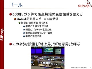 ©SIProp Project, 2006-2017 3
ゴール
5000円の予算で衛星無線の受信設備を整える
CWによる衛星のビーコンの受信
衛星の状態を取得できる
衛星の太陽光電圧の値
衛星のバッテリー電圧の値
衛星の加速度センサーの値
衛星の温度の値
このような設備を「地上局」や「地球局」と呼ぶ
 